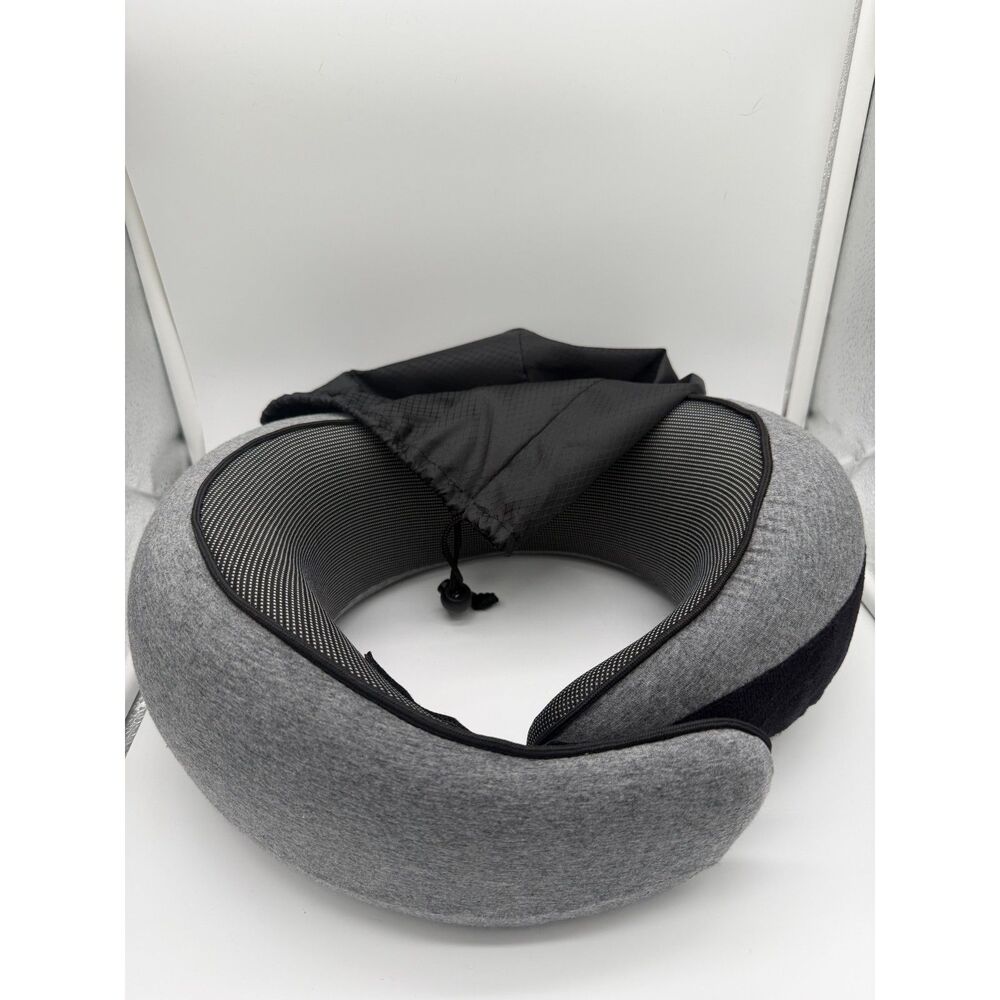 Gray Memory Foam Travel Neck Pillow Adjustable Drawstring Airplane Car
